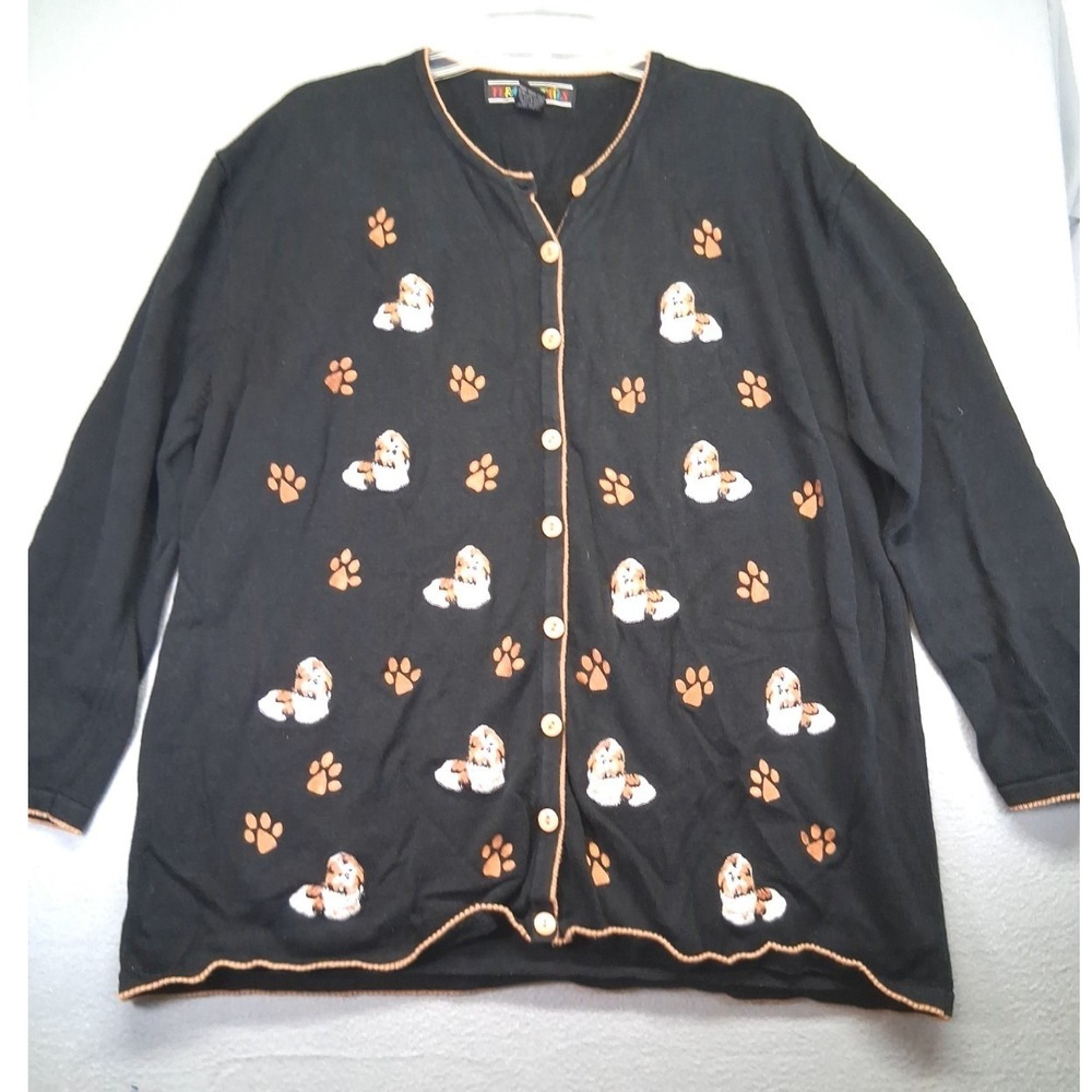 Terazzo Tails Women Cardigan Sweater ‎ Black Shih Tzu Embroidery, Button Size 1X